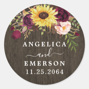 Sunflower Burgundy Red Roses Rustic Wood Wedding Classic Round Sticker