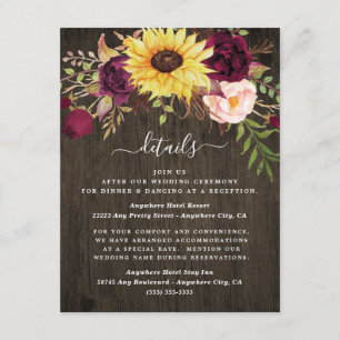Sunflower Burgundy Red Roses Rustic Wood Wedding Enclosure Card