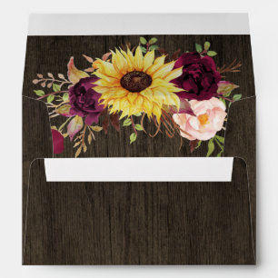 Sunflower Burgundy Red Roses Rustic Wood Wedding Envelope
