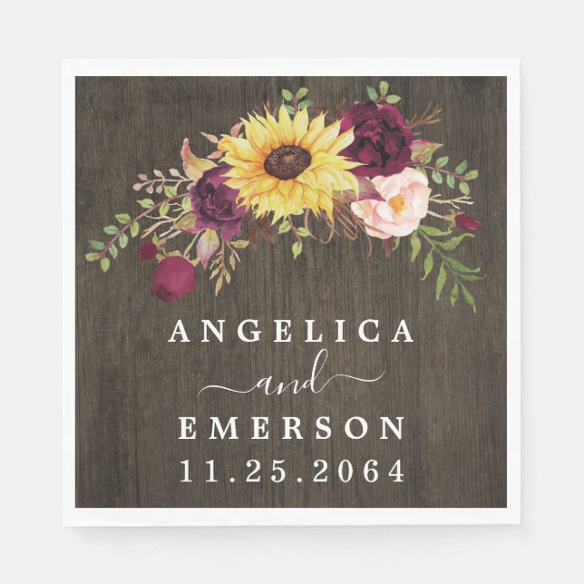 Sunflower Burgundy Red Roses Rustic Wood Wedding Napkin (Front)