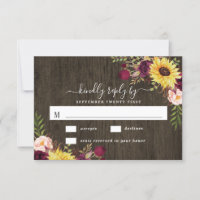 Sunflower Burgundy Red Roses Rustic Wood Wedding
