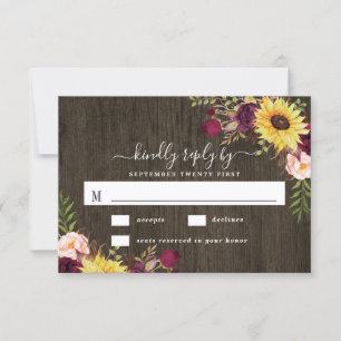 Sunflower Burgundy Red Roses Rustic Wood Wedding RSVP Card