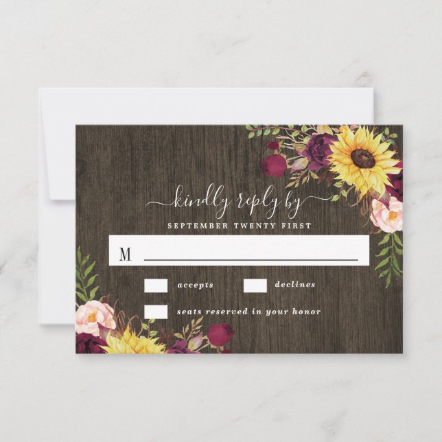 Sunflower Burgundy Red Roses Rustic Wood Wedding RSVP Card (Front)