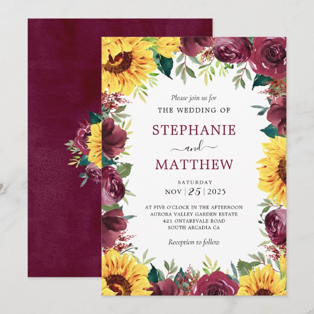 Sunflower Burgundy Rose Border Fall Wedding Invitation (Front/Back)