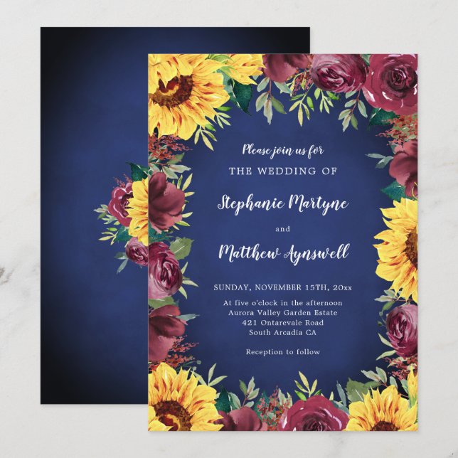 Sunflower Burgundy Rose Border Navy Wedding Invitation (Front/Back)