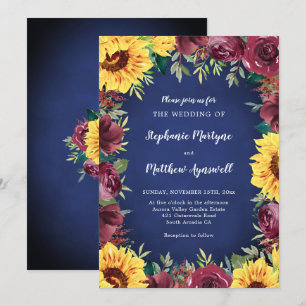 Sunflower Burgundy Rose Border Navy Wedding Invitation