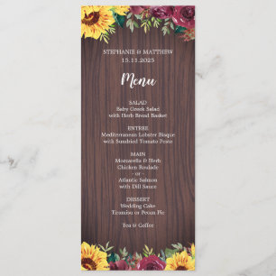 Sunflower Burgundy Rose Border Wood Wedding Menu