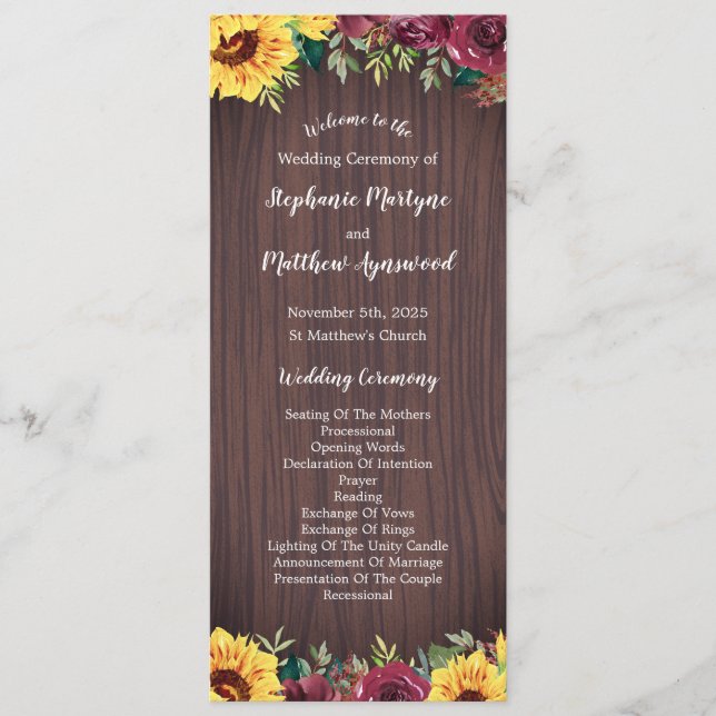 Sunflower Burgundy Rose Border Wood Wedding Programme (Front)
