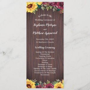 Sunflower Burgundy Rose Border Wood Wedding Programme
