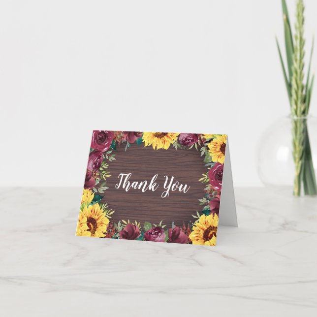 Sunflower Burgundy Rose Border Wood Wedding Thank You Card (Front)