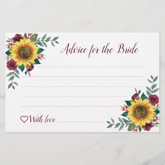 Sunflower Burgundy Rose Bridal Shower Advice Cards (Front)