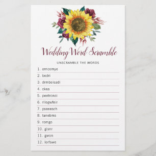 Sunflower Burgundy Rose Bridal Shower Word Game