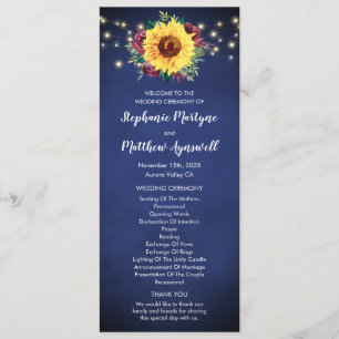 Sunflower Burgundy Rose Floral Lights Navy Wedding Programme
