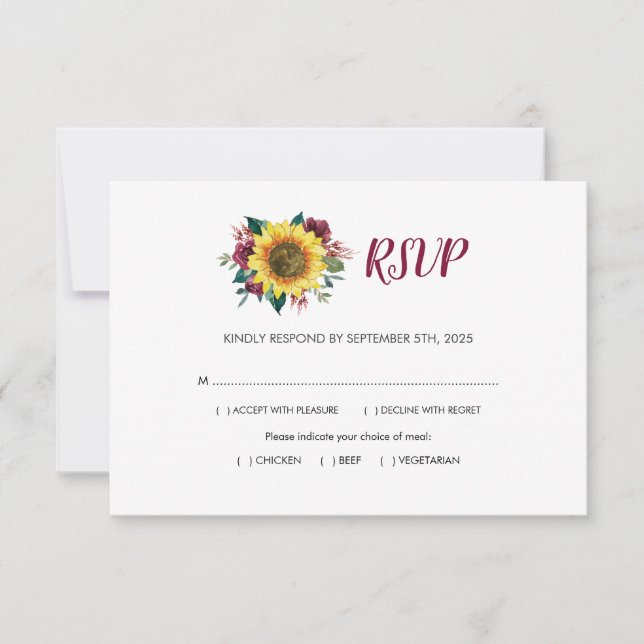 Sunflower Burgundy Rose Floral Meals Wedding RSVP Card (Front)
