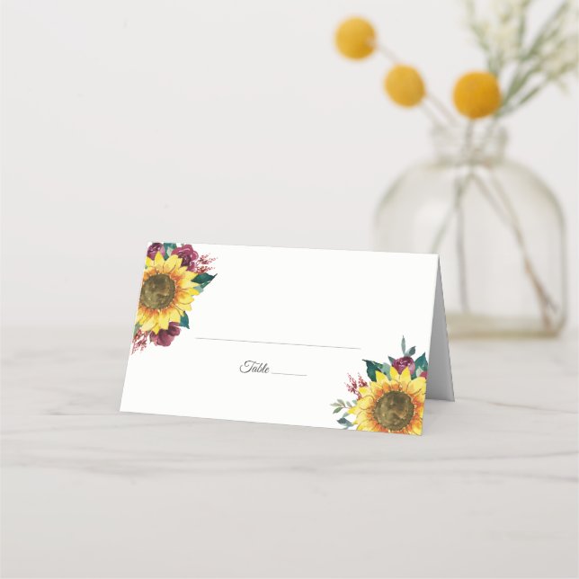 Sunflower Burgundy Rose Floral Wedding Place Card (Front)