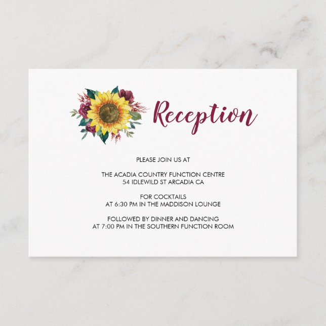 Sunflower Burgundy Rose Floral Wedding Reception Enclosure Card (Front)