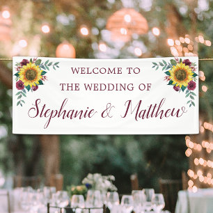 Sunflower Burgundy Rose Floral Wedding Welcome Banner