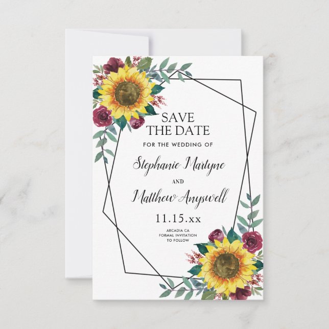 Sunflower Burgundy Rose Geometric Wedding Save The Date (Front)