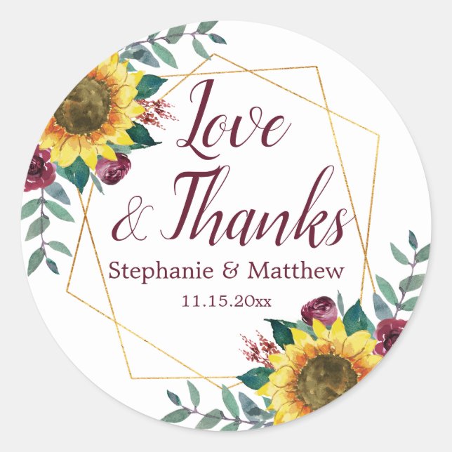 Sunflower Burgundy Rose Geometric Wedding Thanks Classic Round Sticker (Front)