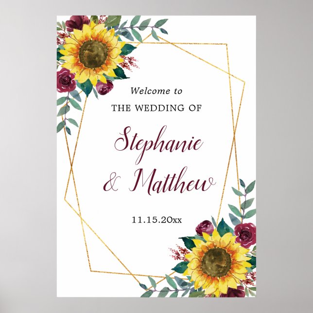 Sunflower Burgundy Rose Geometric Wedding Welcome Poster (Front)