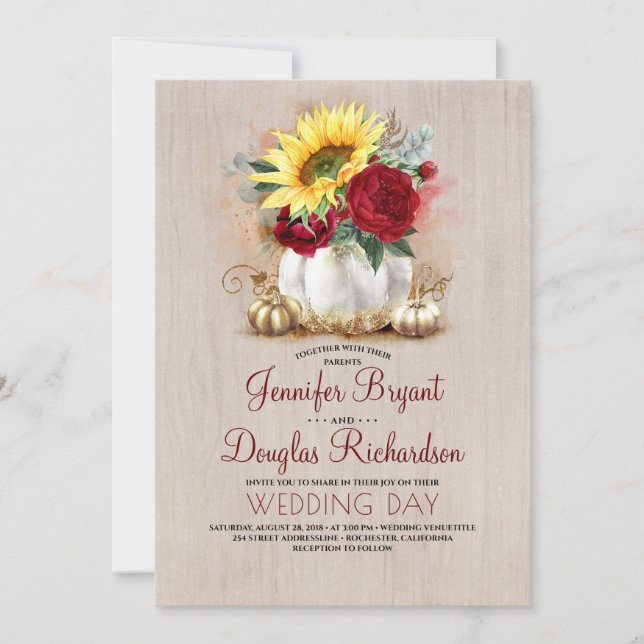 Sunflower Burgundy Rose Gold Pumpkin Fall Wedding Invitation (Front)