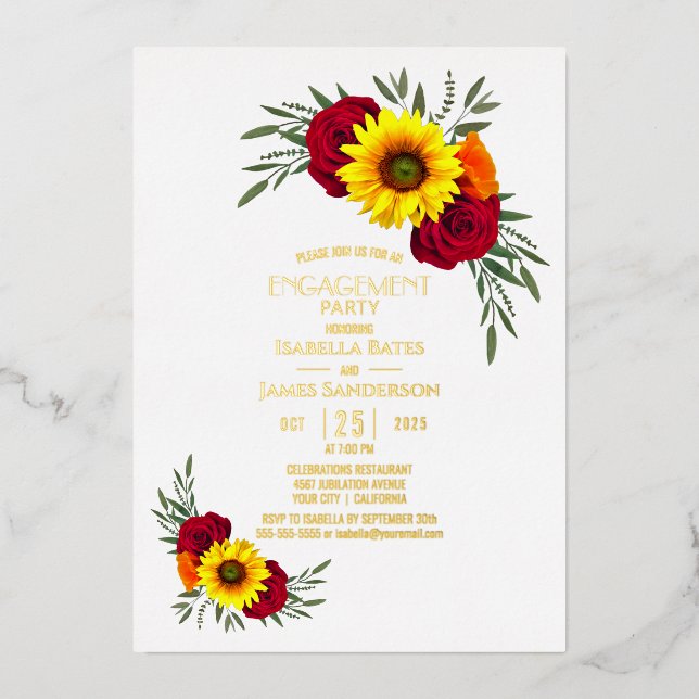 Sunflower Burgundy Rose Gold Text Engagement Party (Front)