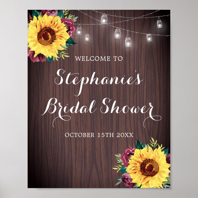 Sunflower Burgundy Rose Jars Wood Bridal Shower Poster (Front)
