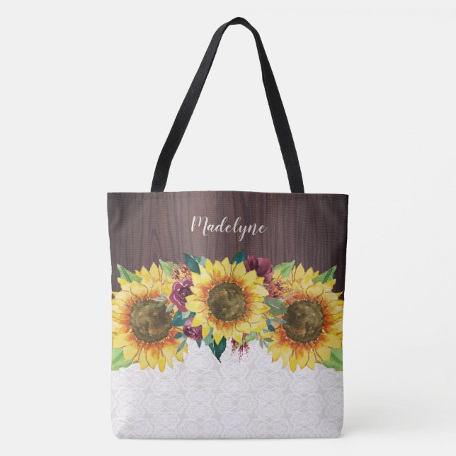 Sunflower Burgundy Rose Lace Rustic Personalised Tote Bag (Front)