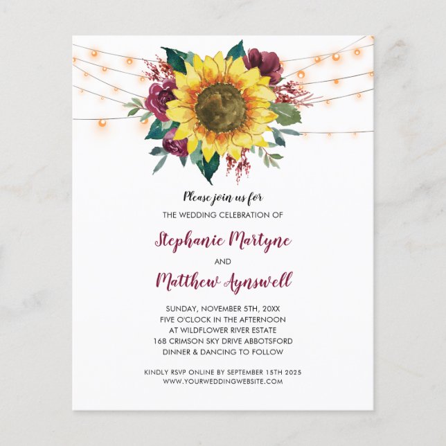 Sunflower Burgundy Rose Lights Budget Wedding (Front)