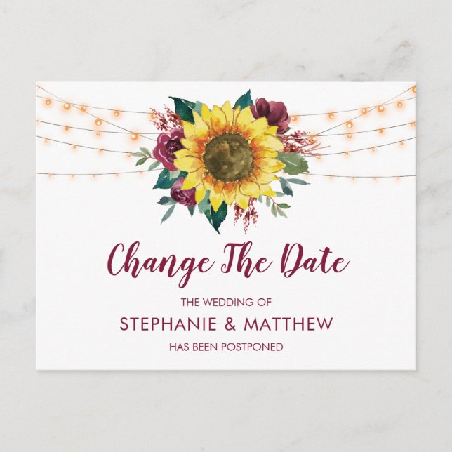 Sunflower Burgundy Rose Lights ChangeThe Date Announcement Postcard (Front)