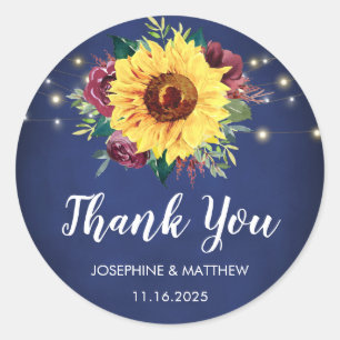 Sunflower Burgundy Rose Lights Navy Blue Thank You Classic Round Sticker