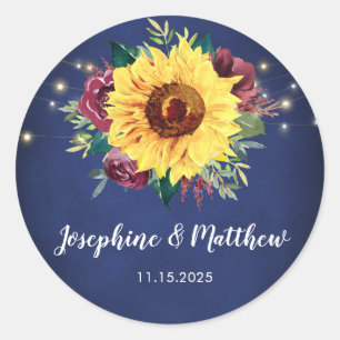 Sunflower Burgundy Rose Lights Navy Blue Wedding Classic Round Sticker