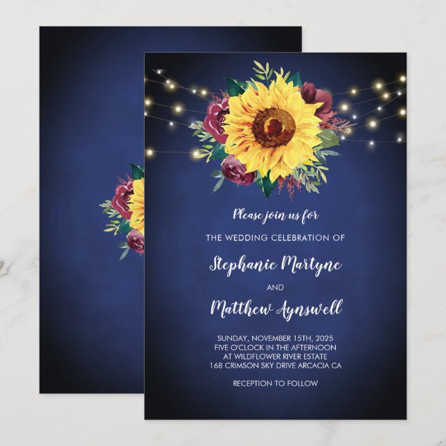 Sunflower Burgundy Rose Lights Navy Blue Wedding Invitation (Front/Back)