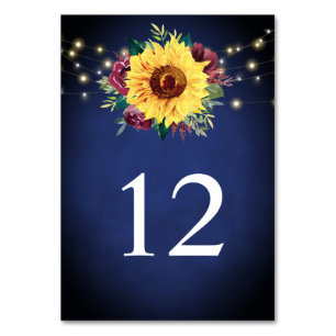 Sunflower Burgundy Rose Lights Navy Blue Wedding Table Number