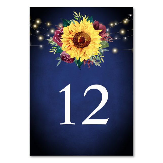 Sunflower Burgundy Rose Lights Navy Blue Wedding Table Number (Front)