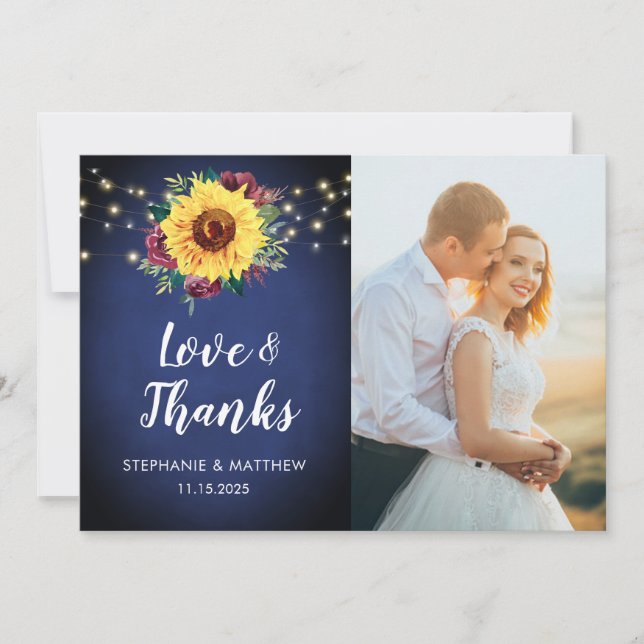 Sunflower Burgundy Rose Lights Navy Photo Wedding Thank You Card (Front)