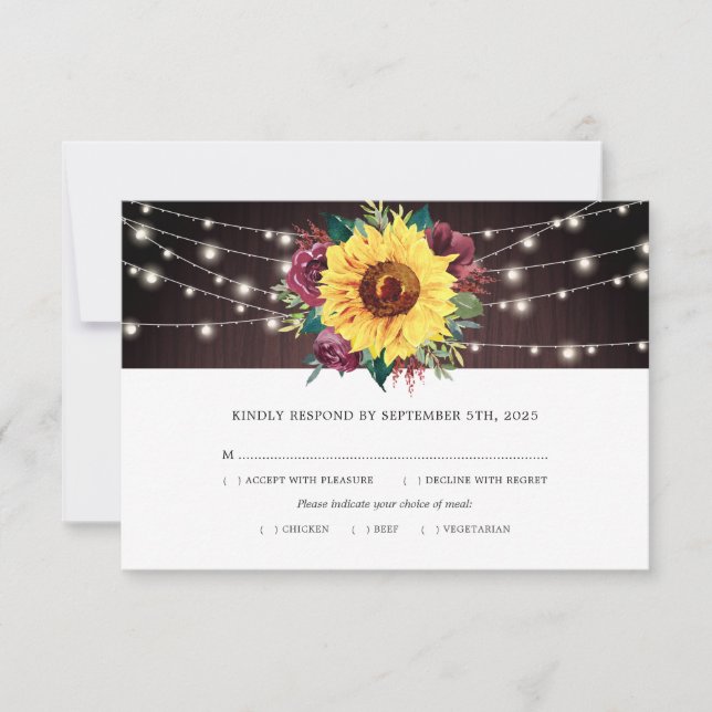 Sunflower Burgundy Rose Lights Wood Wedding Meal RSVP Card (Front)