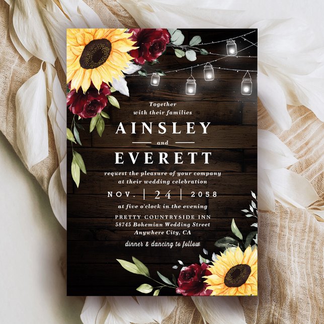 Sunflower Burgundy Rose Mason Jar Themed Wedding Invitation (Creator Uploaded)