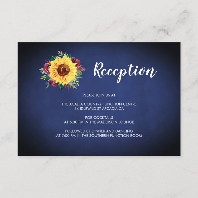 Sunflower Burgundy Rose Navy Blue Reception Enclosure Card (Front)