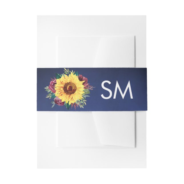 Sunflower Burgundy Rose Navy Blue Wedding Monogram Invitation Belly Band (Front Example)