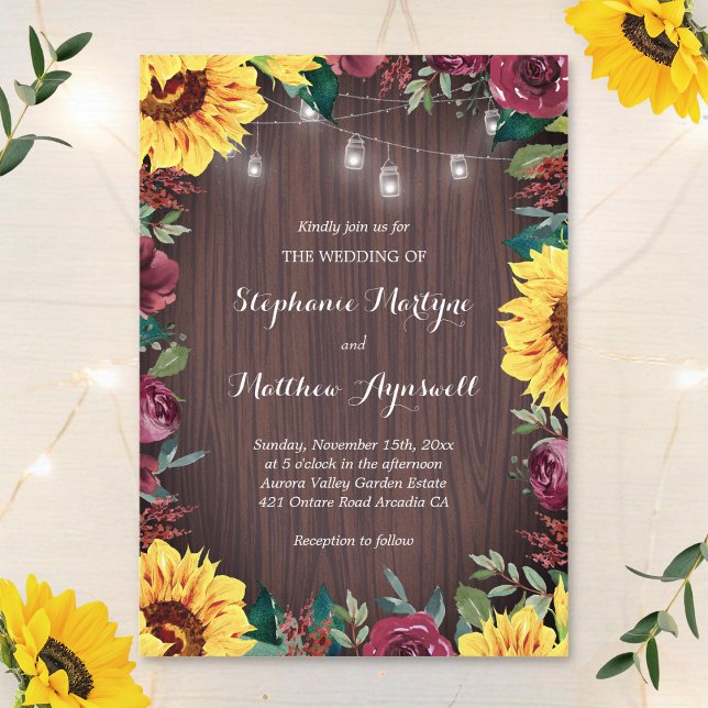 Sunflower Burgundy Rose Wood Jar Lights Wedding Invitation (Creator Uploaded)