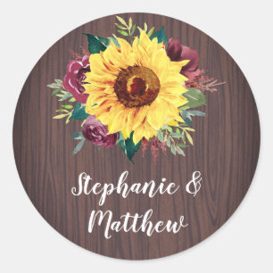 Sunflower Burgundy Rose Wood Wedding Classic Round Sticker