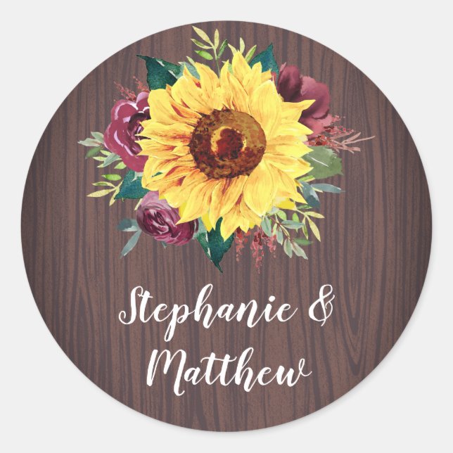 Sunflower Burgundy Rose Wood Wedding Classic Round Sticker (Front)