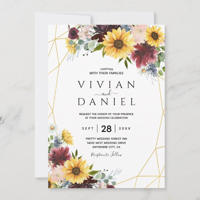 Sunflower Burgundy Roses Blue Rustic Invitation (Front)