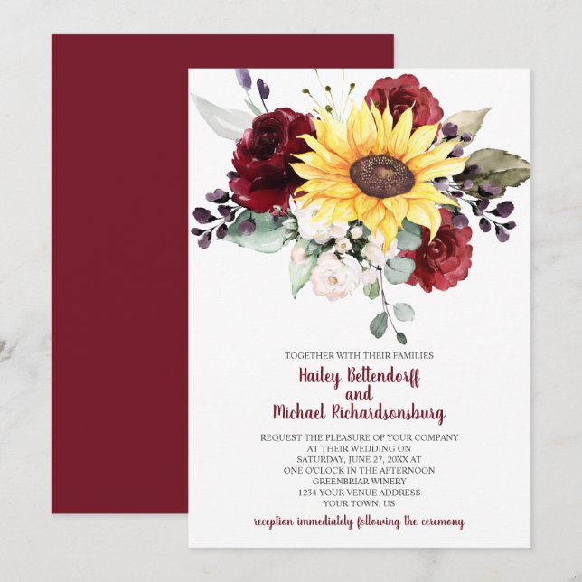 Sunflower Burgundy Roses Greenery Wedding Invitation (Front/Back)