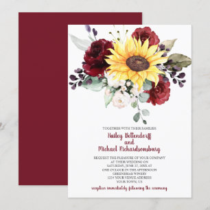 Sunflower Burgundy Roses Greenery Wedding Invitation