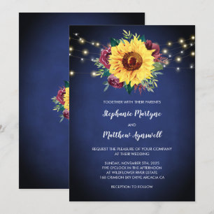 Sunflower Burgundy Roses Lights Navy Blue Wedding Invitation