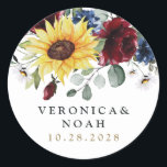 Sunflower Burgundy Roses Navy Blue Rustic Wedding Classic Round Sticker<br><div class="desc">Design features an elegant bouquet of watercolor sunflowers,  peony roses,  eucalyptus,  greenery and more with a unique typography layout in medium black and printed gold coloured text.</div>