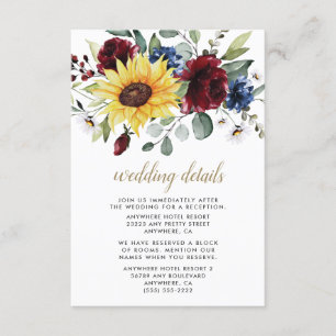 Sunflower Burgundy Roses Navy Blue Rustic Wedding Enclosure Card
