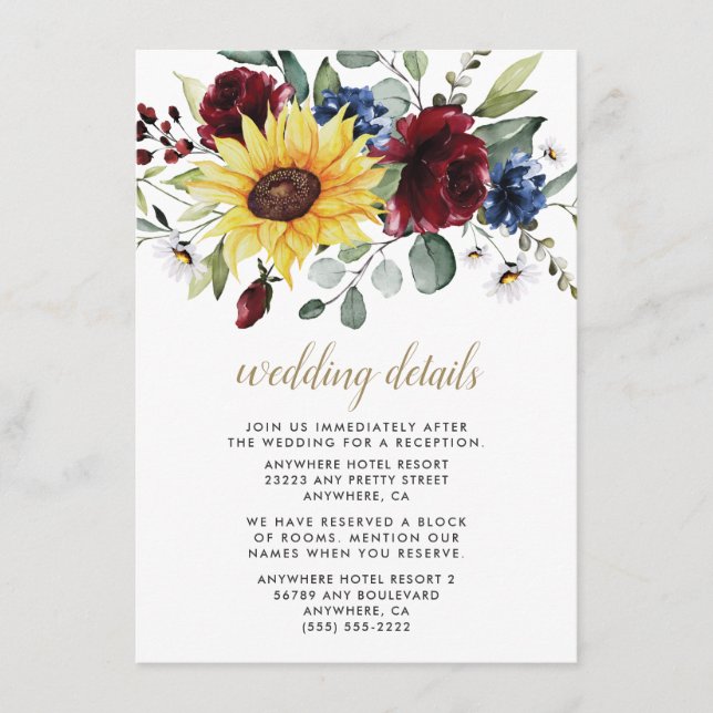 Sunflower Burgundy Roses Navy Blue Rustic Wedding Enclosure Card (Front)